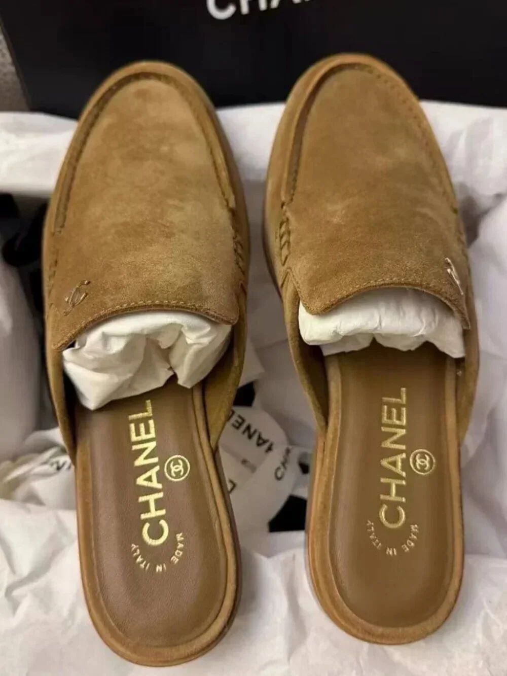 Chanel Tan Suede CC Logo Backless Loafer Mules
